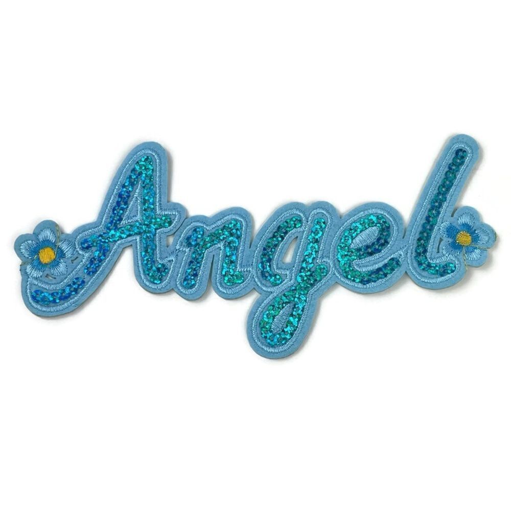Angel Blue Sequin Text Embroidered Patch